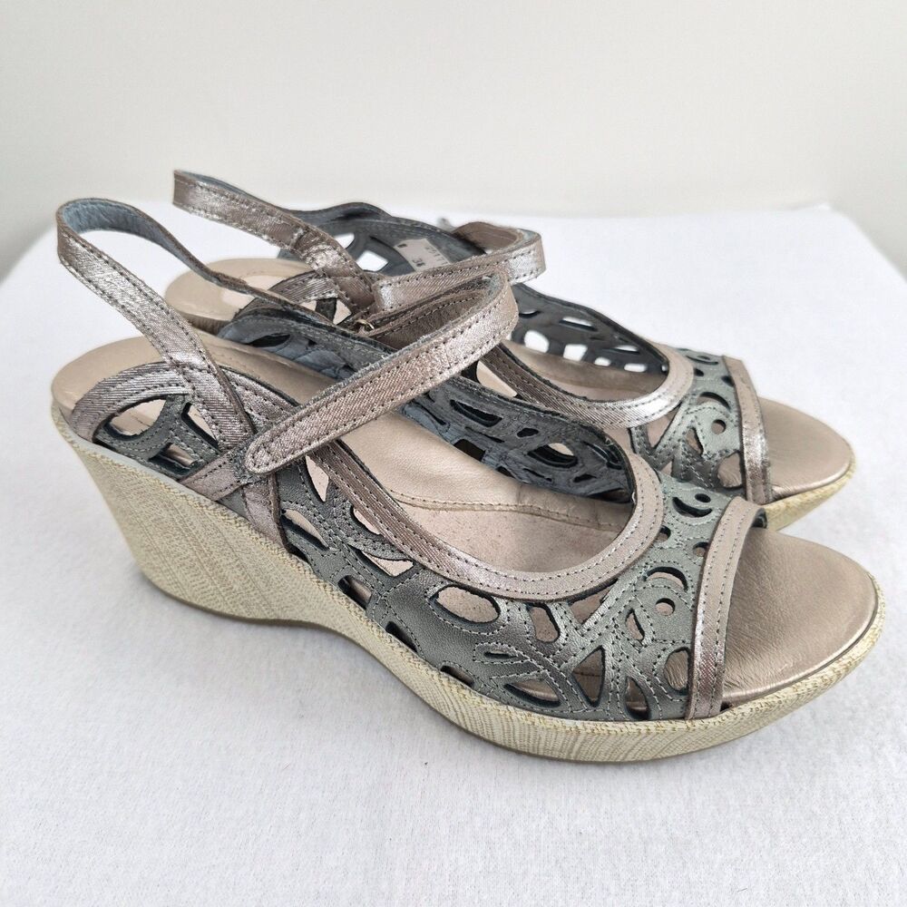 NAOT Women's Deluxe Sterling Gray Cutout Wedge Leather Sandals Sz 8 EU 38